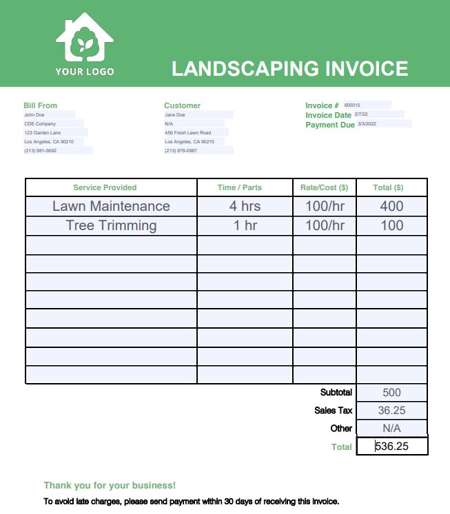 sample of a landscaping invoice